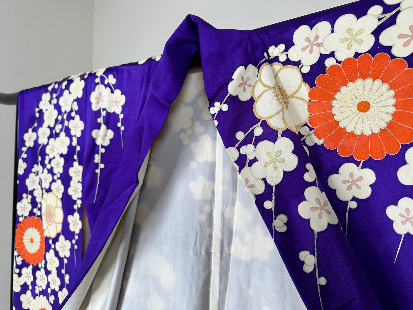 Furisode, a long-sleeved kimono [振袖]  | Vivid purple background and a pattern of chrysanthemums and plum blossoms | No.E004 - FREE SHIPPING