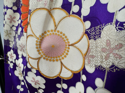 Furisode, a long-sleeved kimono [振袖]  | Vivid purple background and a pattern of chrysanthemums and plum blossoms | No.E004 - FREE SHIPPING