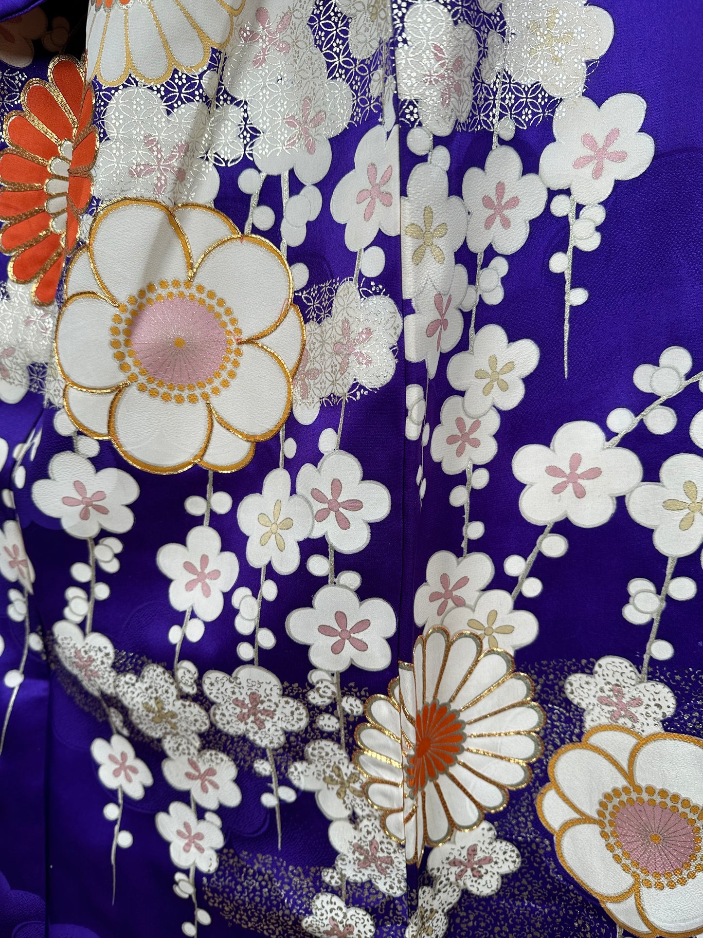 Furisode, a long-sleeved kimono [振袖]  | Vivid purple background and a pattern of chrysanthemums and plum blossoms | No.E004 - FREE SHIPPING