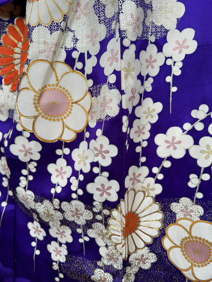 Furisode, a long-sleeved kimono [振袖]  | Vivid purple background and a pattern of chrysanthemums and plum blossoms | No.E004 - FREE SHIPPING