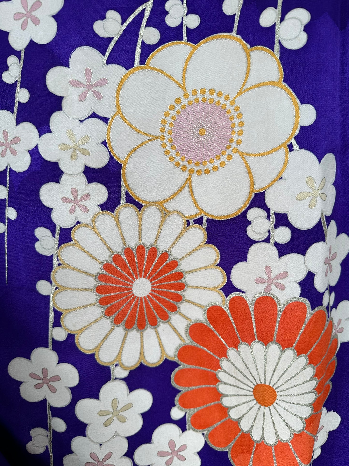 Furisode, a long-sleeved kimono [振袖]  | Vivid purple background and a pattern of chrysanthemums and plum blossoms | No.E004 - FREE SHIPPING