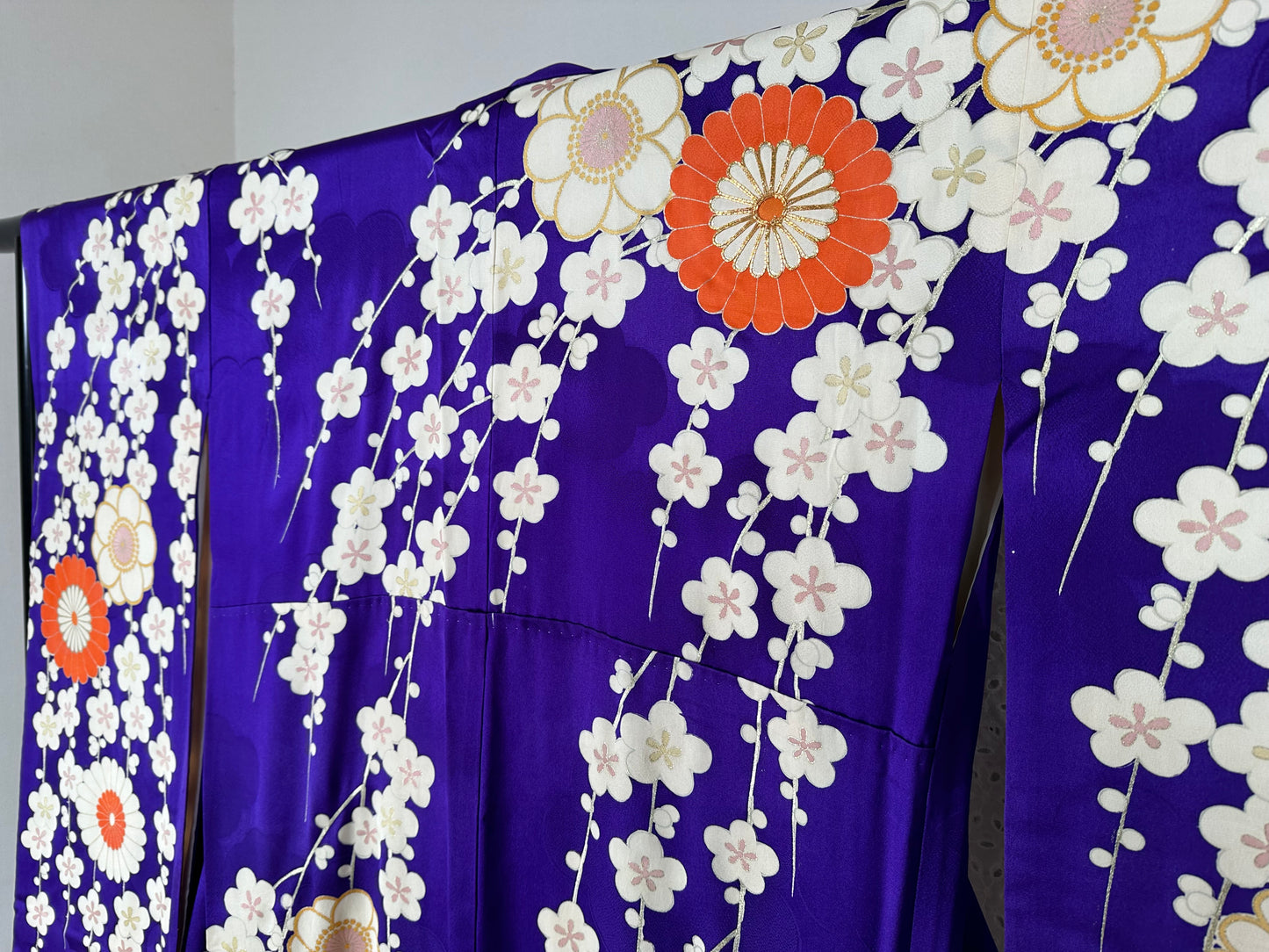 Furisode, a long-sleeved kimono [振袖]  | Vivid purple background and a pattern of chrysanthemums and plum blossoms | No.E004 - FREE SHIPPING