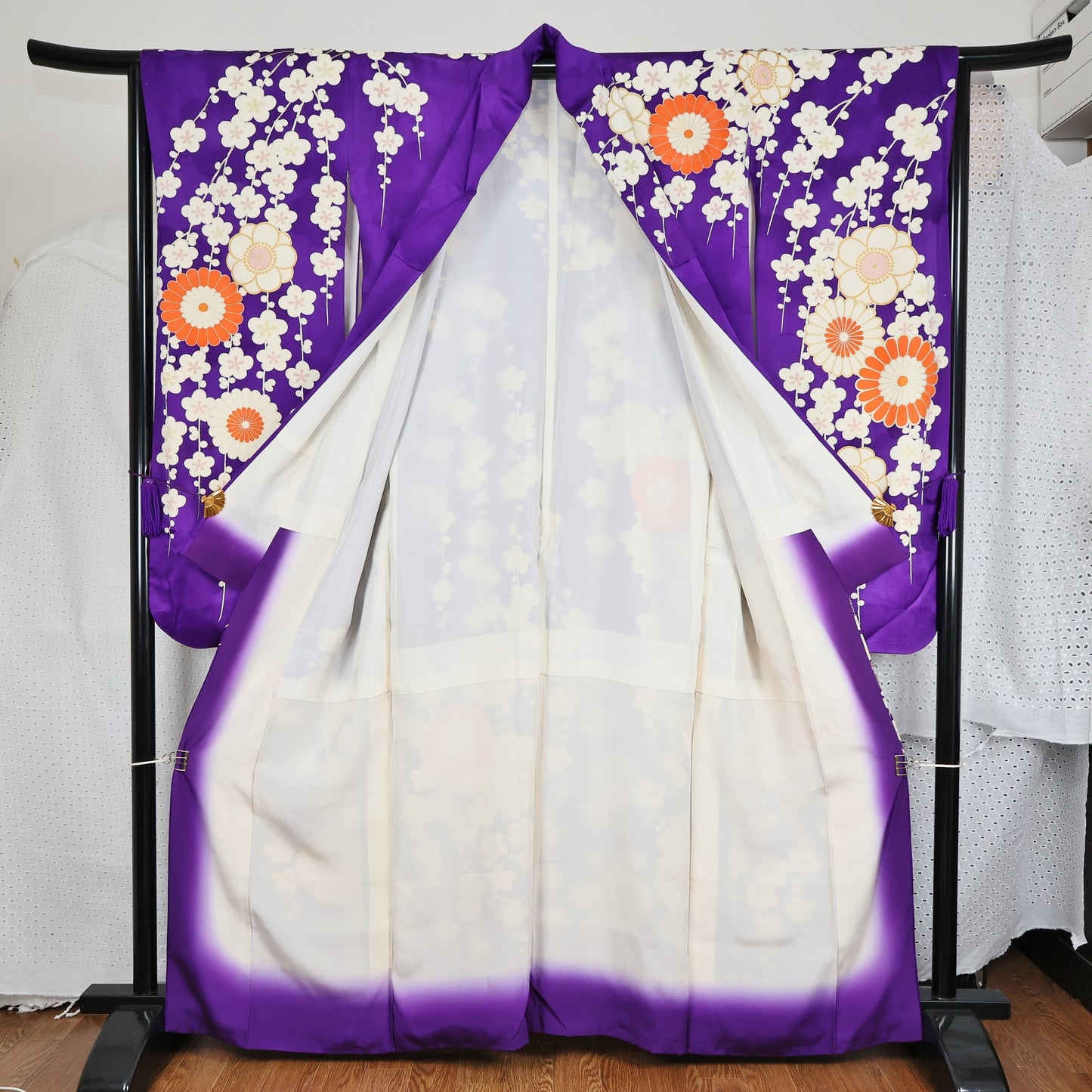 Furisode, a long-sleeved kimono [振袖]  | Vivid purple background and a pattern of chrysanthemums and plum blossoms | No.E004 - FREE SHIPPING