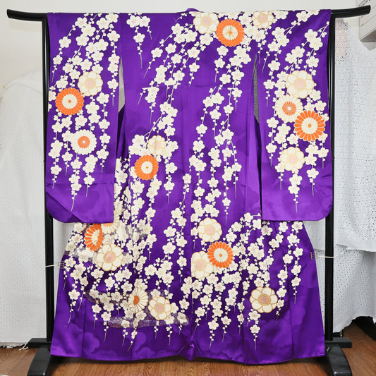 Furisode, a long-sleeved kimono [振袖]  | Vivid purple background and a pattern of chrysanthemums and plum blossoms | No.E004 - FREE SHIPPING